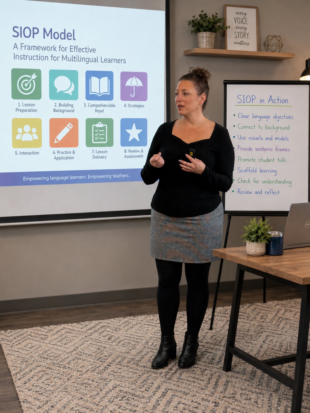 Dina Secchiaroli presenting the SIOP Model framework during a professional learning session