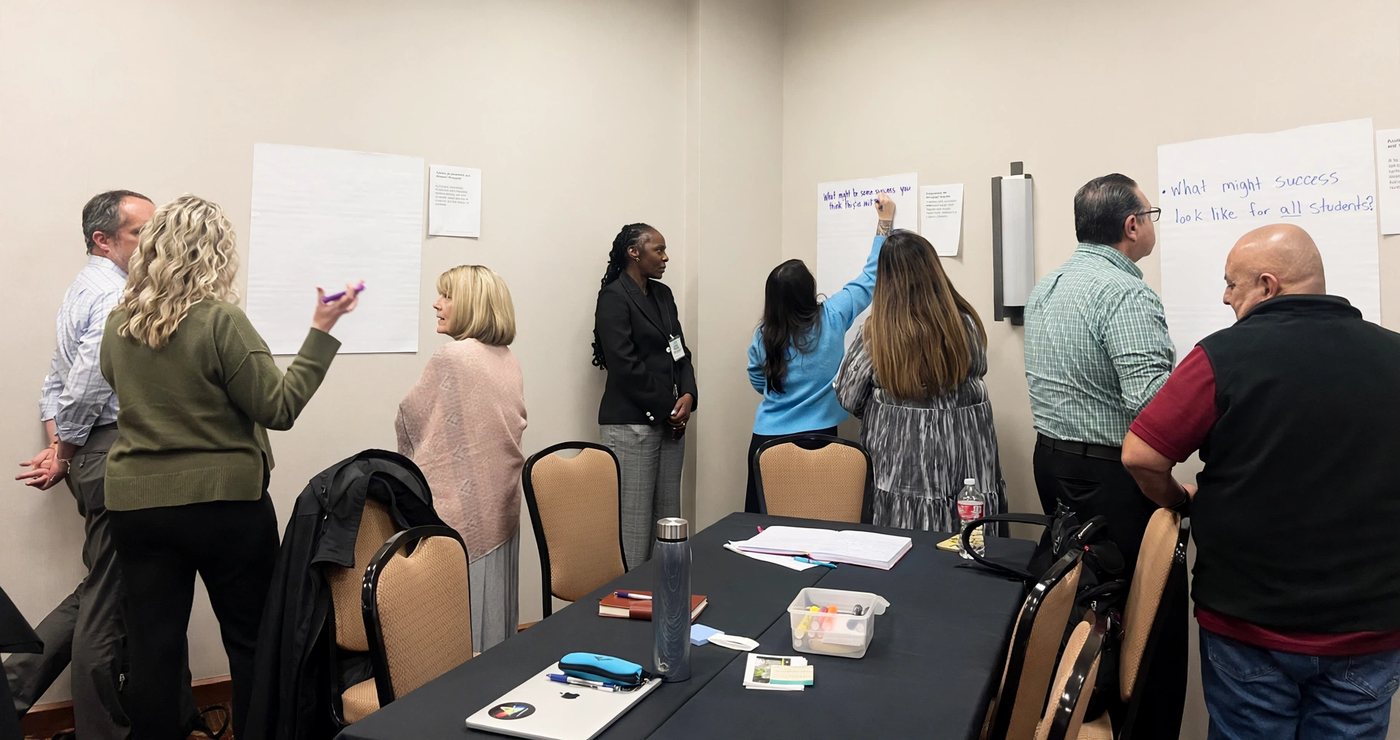 Educators at a workshop writing on chart paper posted around the room, answering what success might look like for all students